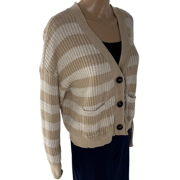 Evereve Oatmeal Striped Tan Kiki Cardigan Sweater - Picture 6 of 12